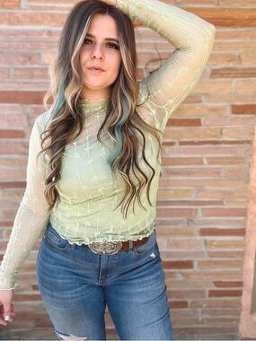 Light Green Sheer Lace-Texture Long-Sleeve Top
